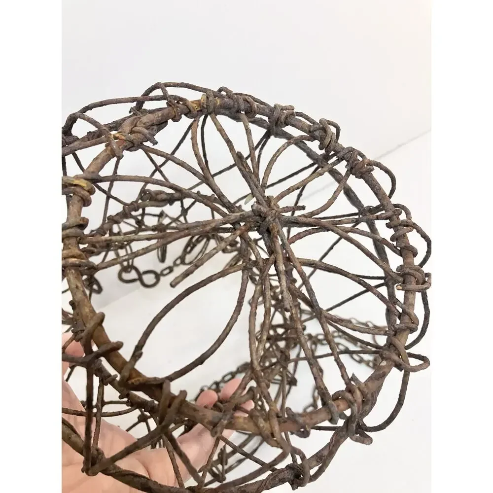 Antique French Twisted Metal Hanging Basket Curly Iron Wire Fluted Gracie Urn